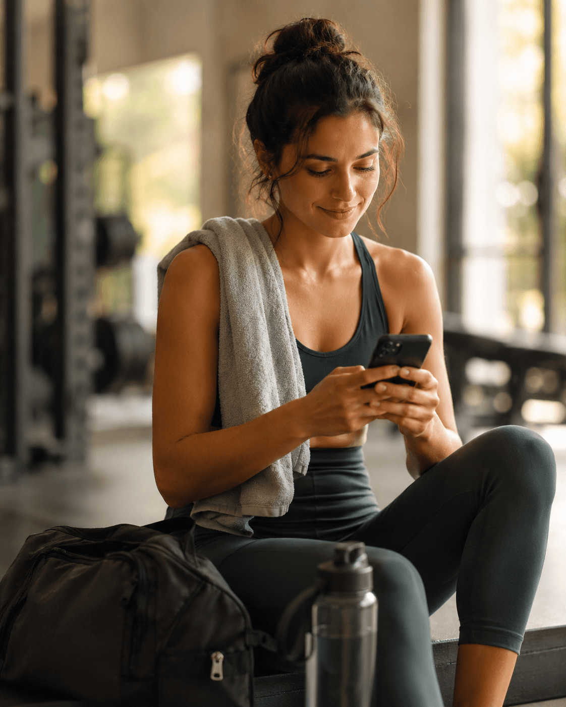 Post-gym — water bottle, gym bag, checking phone (real, candid)