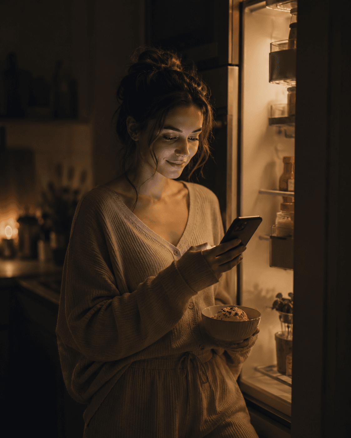 Late-night kitchen — dim light, fridge open, phone glow (real, moody)
