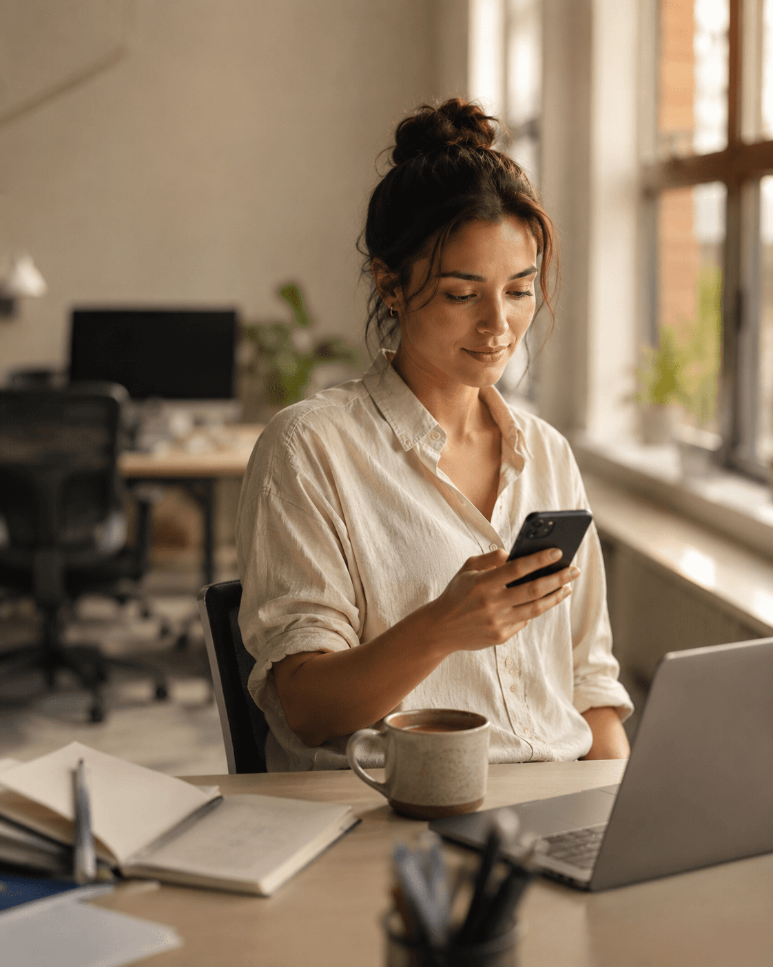 Office desk — someone glancing at their phone, afternoon light (real, candid)